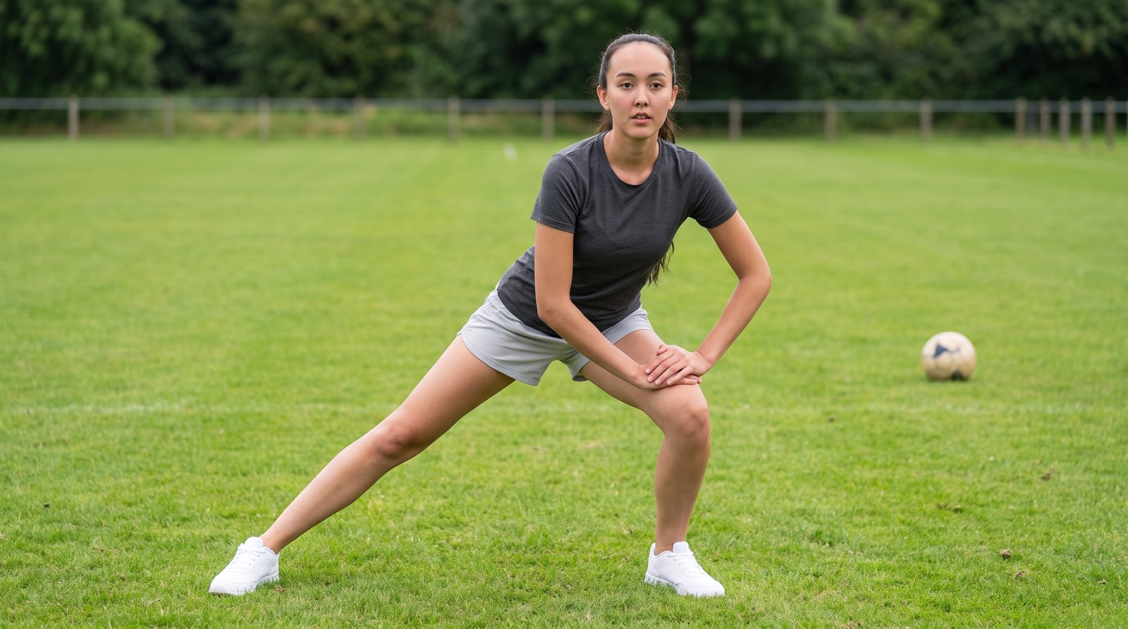 A side-lunge movement on a training surface with a football nearby.