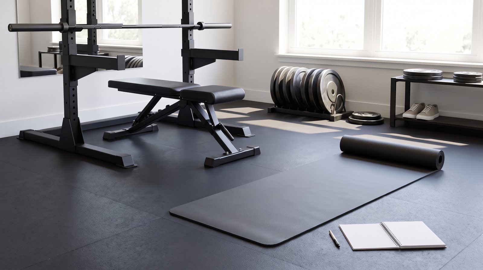 A bench station and a separate clear mat area prepared for a workout.