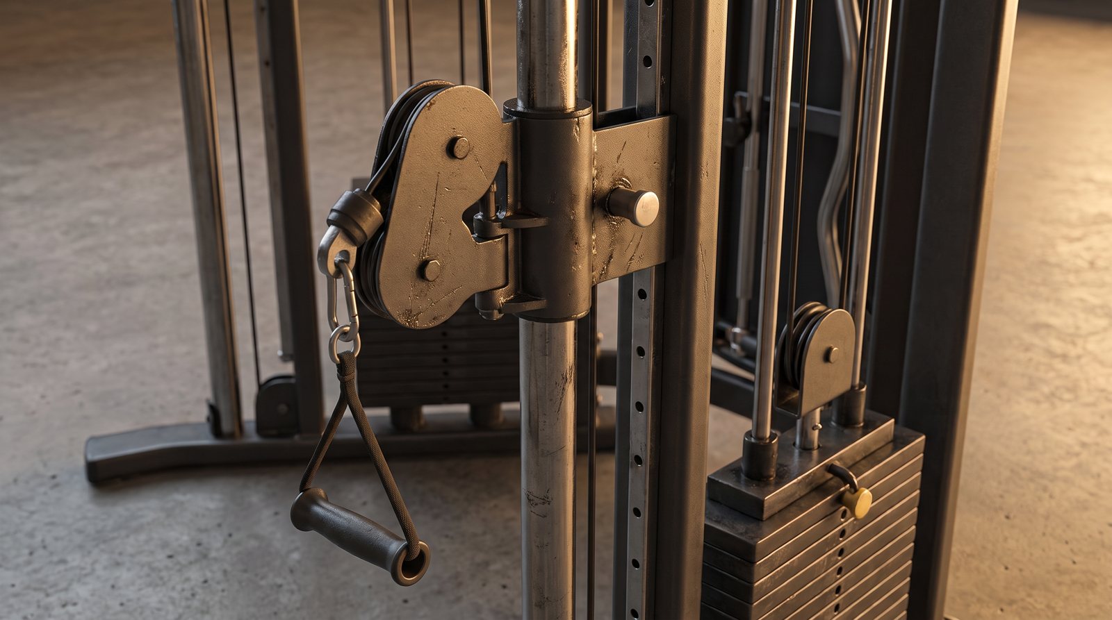An adjustable pulley carriage and handle on a cable trainer.