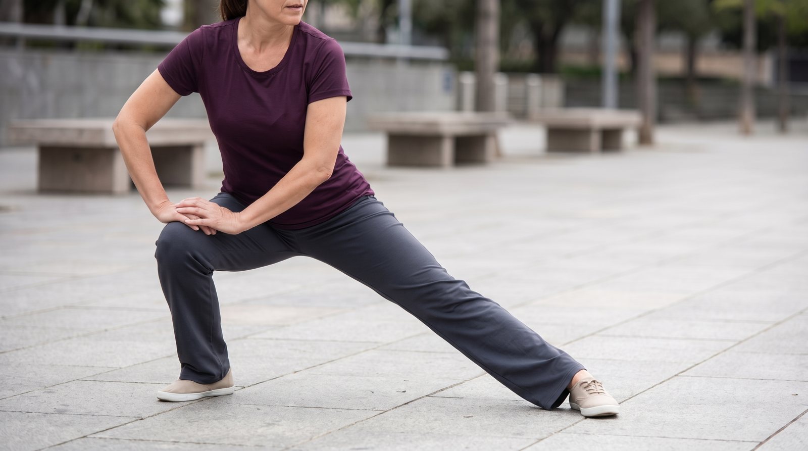 A side lunge with one bent knee and the opposite leg extended.