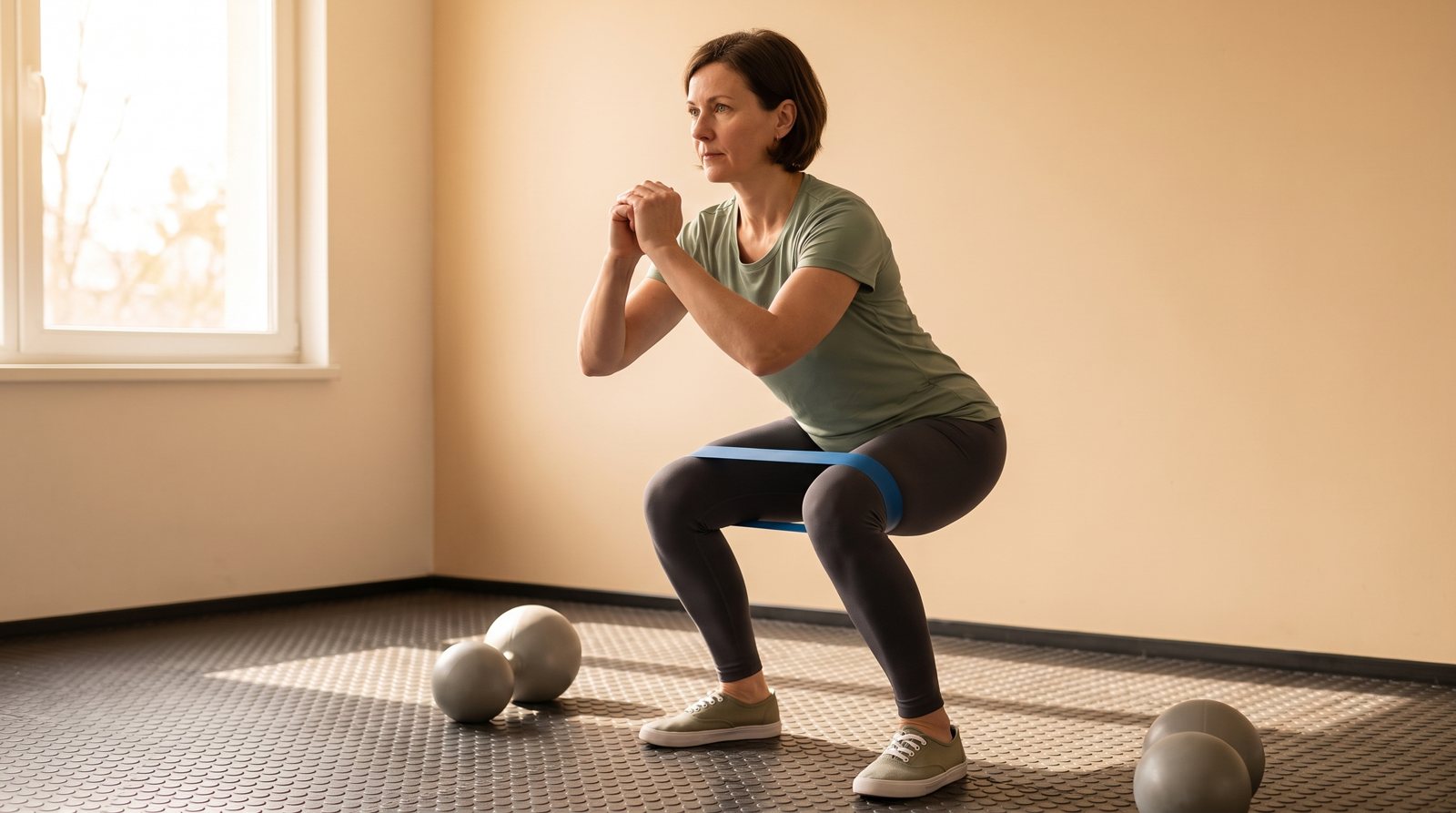 A banded squat with both feet planted and a short loop above the knees.