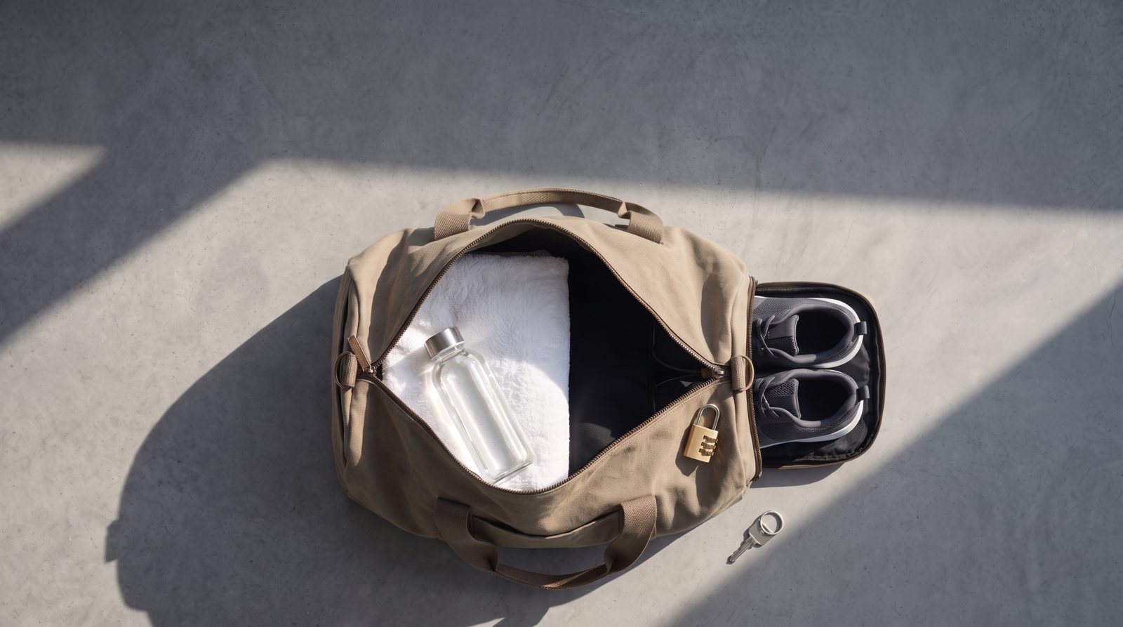 An open gym bag with shoes, towel, water bottle and padlock arranged beside it.