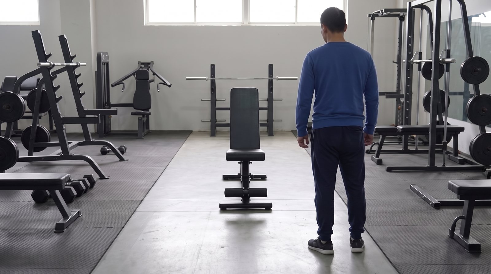 A person looking over an empty exercise station before starting.