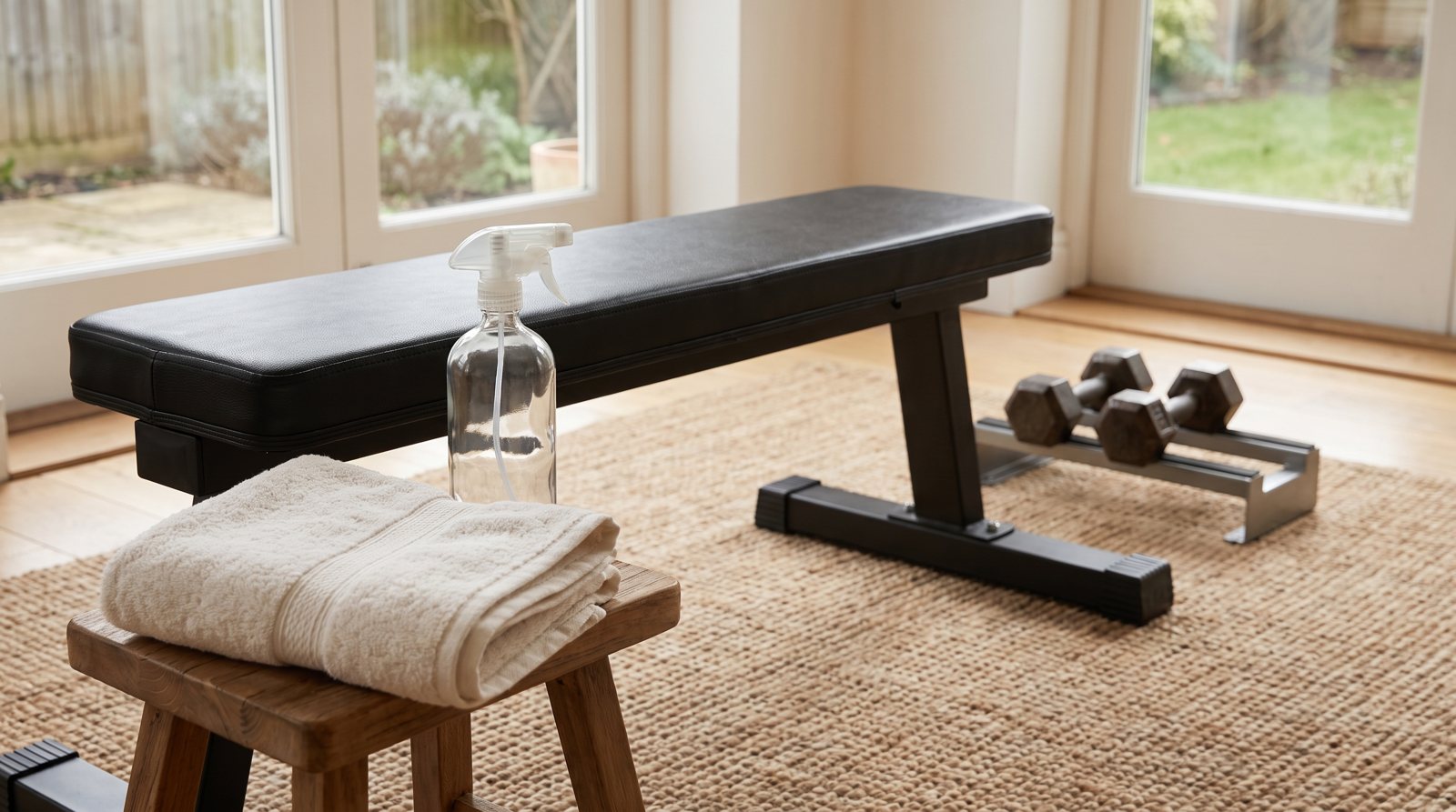 A clean exercise bench beside a cloth and spray bottle, with weights returned to their rack.