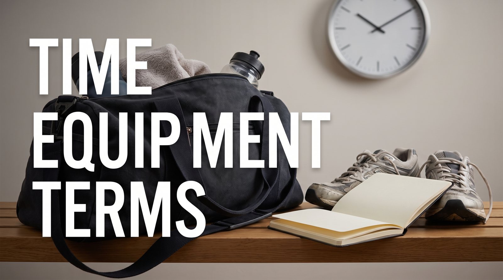 A gym bag, trainers and notebook beside the prompts time, equipment and terms.