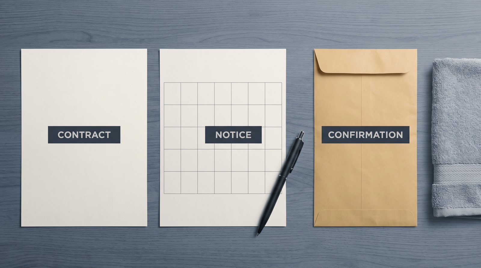 Blank contract, notice calendar and confirmation envelope arranged for a cancellation checklist.