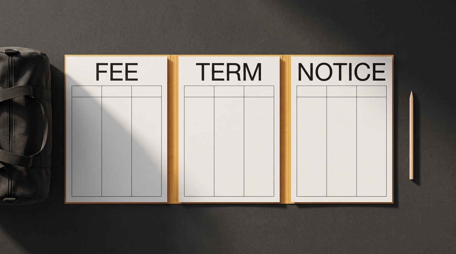 Blank comparison sheets for fees, term and notice beside a gym bag.