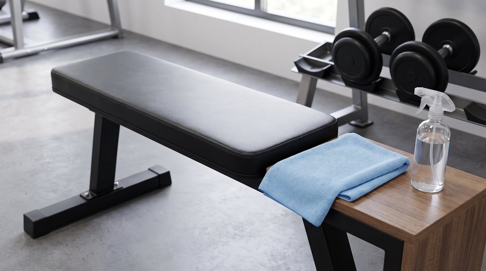 A bench with cleaning supplies nearby and dumbbells returned to a rack.