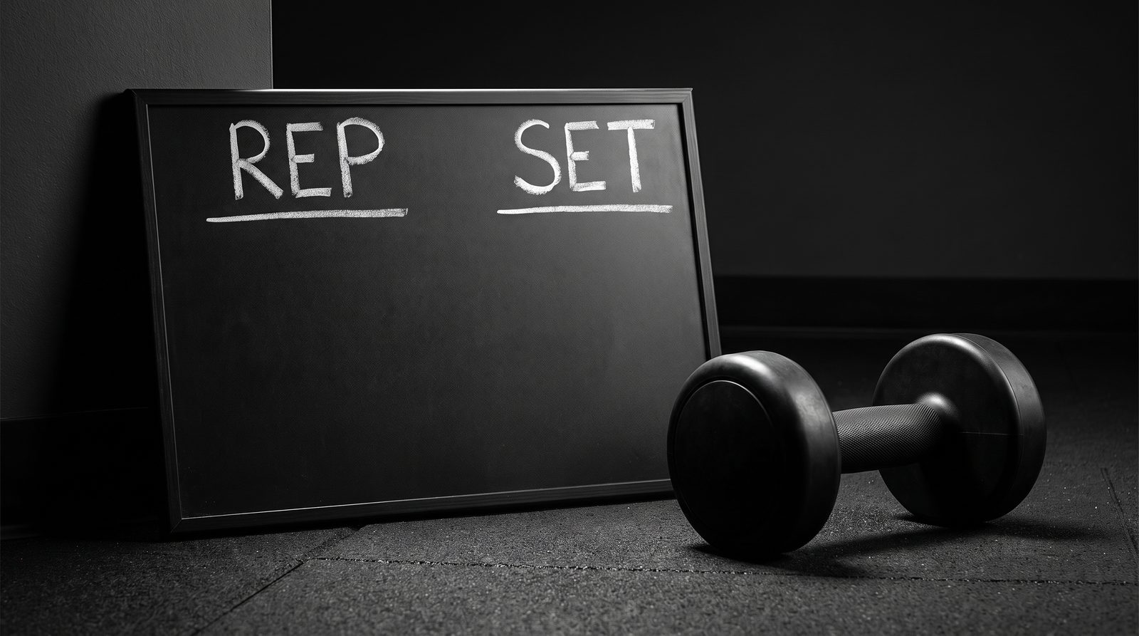 A board marked Rep and Set beside a plain dumbbell.