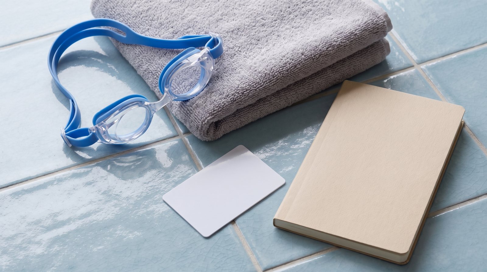 Swimming goggles, a towel and blank access notes.
