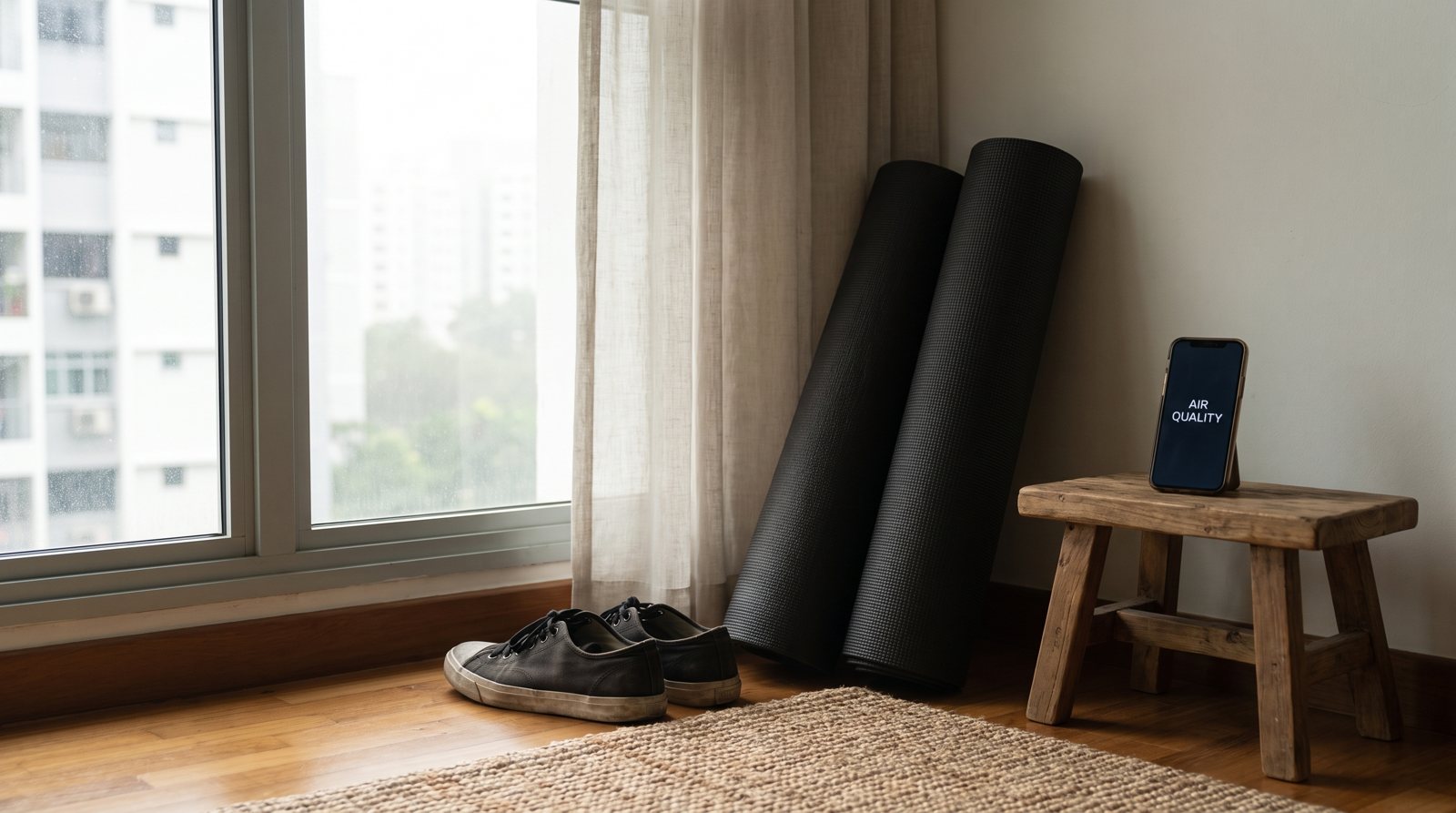An exercise mat and trainers beside a closed window and a phone marked Air Quality.
