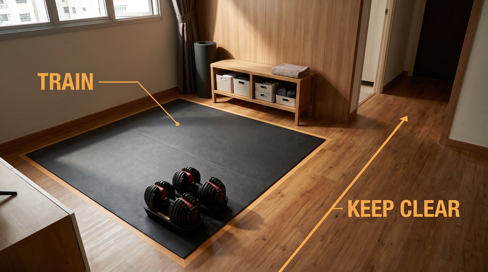 A home exercise mat and dumbbells beside a marked route kept clear to the doorway.