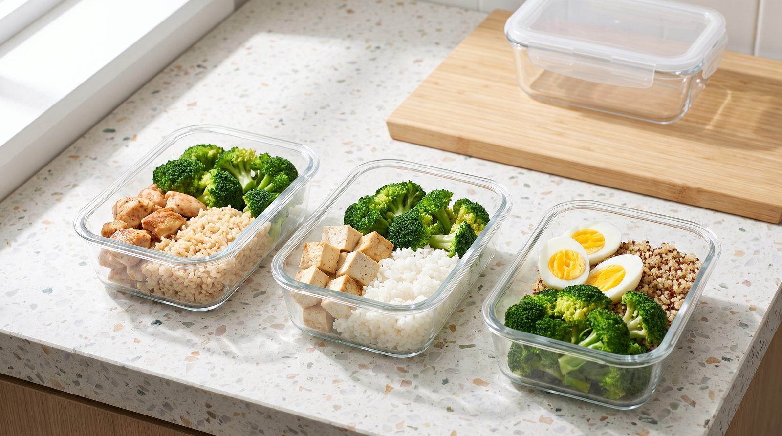 Food containers with chicken, tofu and egg alongside rice and vegetables.