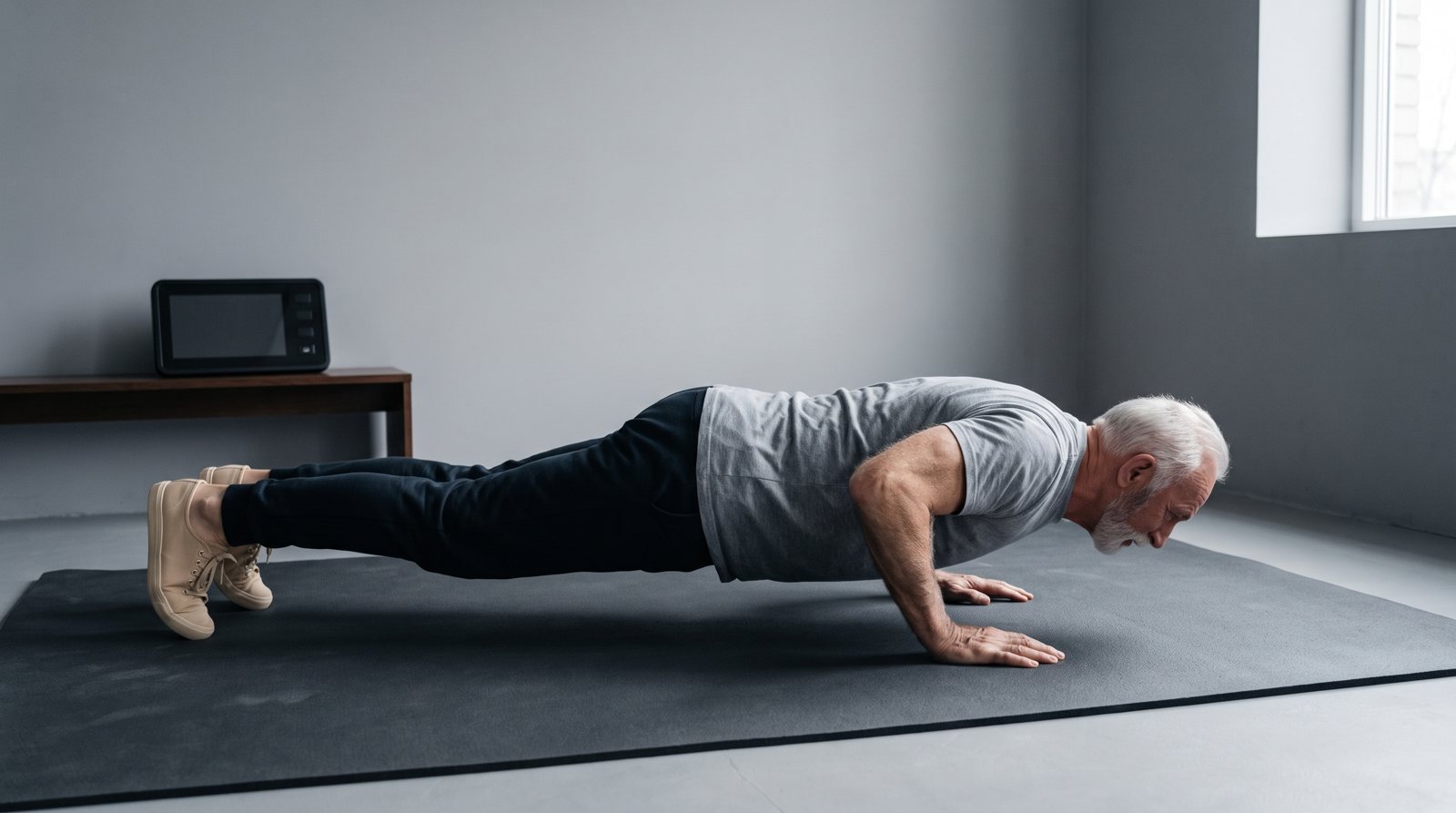 A lowered push-up position with an unlit timer on a nearby shelf.