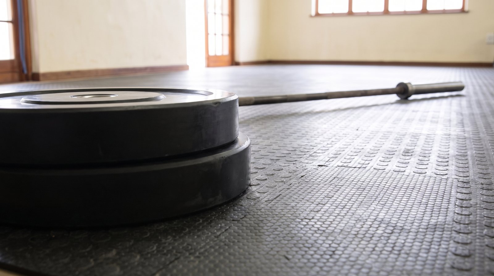 Two rubber bumper plates stacked on the floor beside an unloaded barbell.