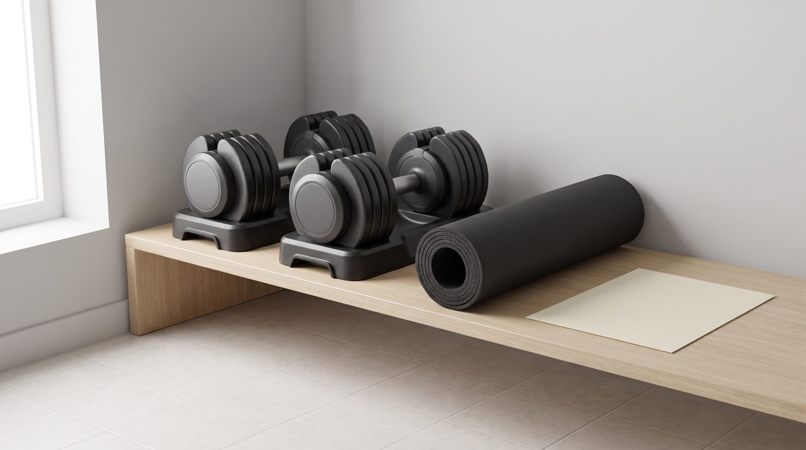 Unbranded adjustable dumbbells and a rolled exercise mat stored on a shelf.