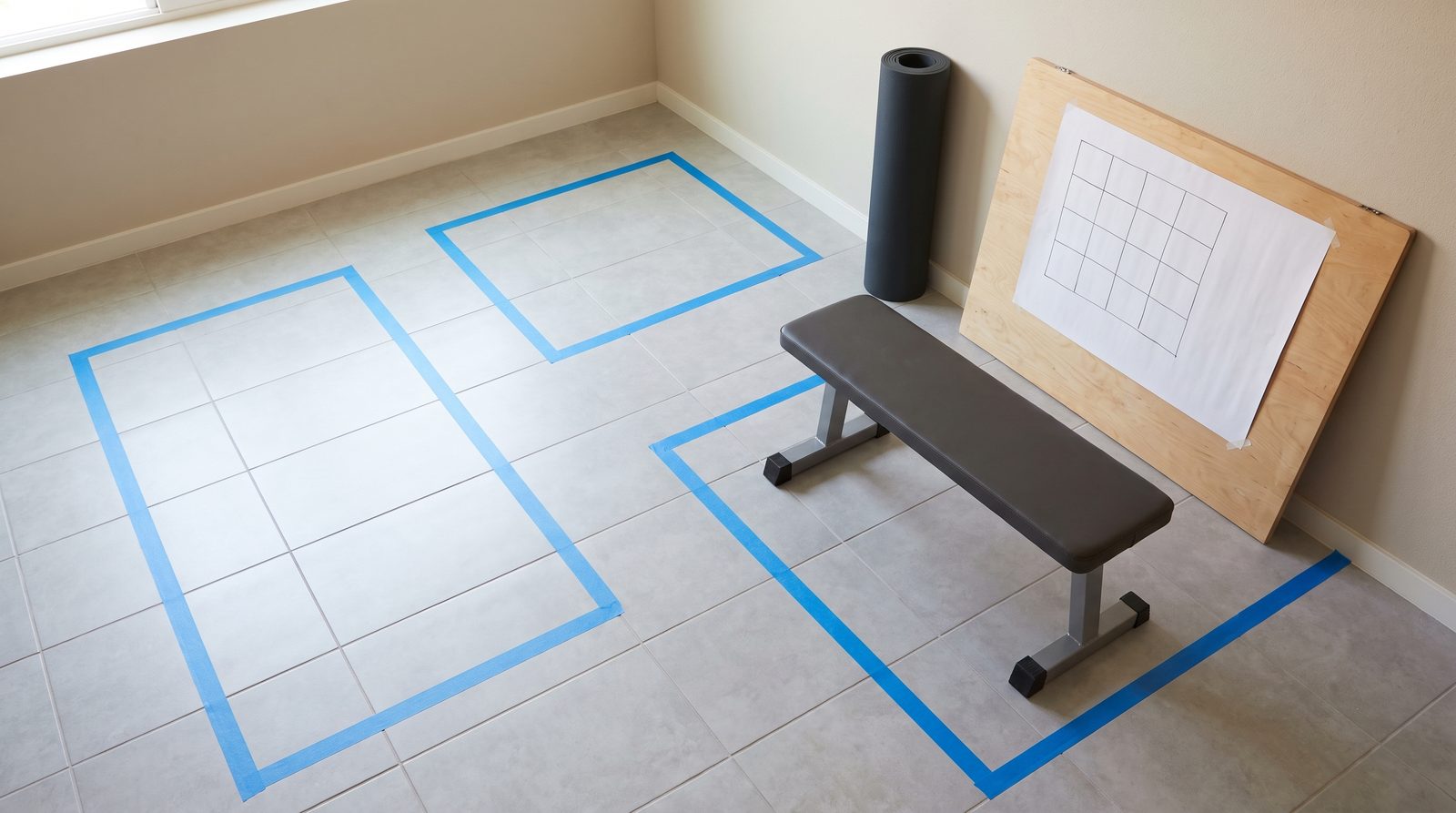 A room layout marked with tape beside a bench, rolled mat and empty planning grid.