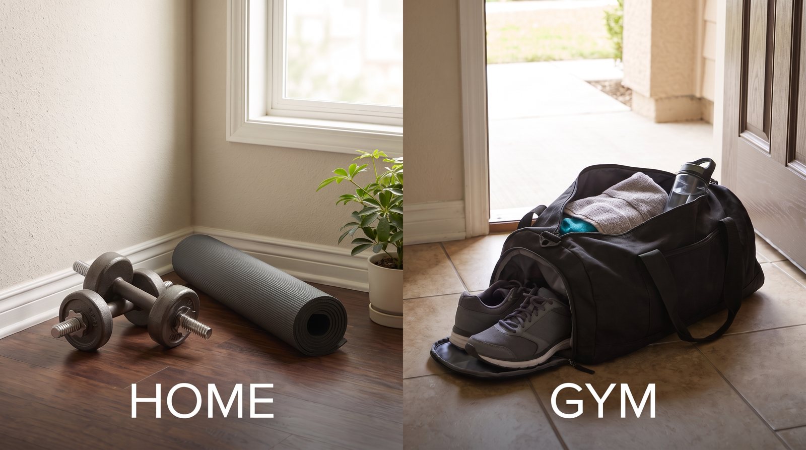 Home exercise equipment and a packed gym bag presented as two membership choices.