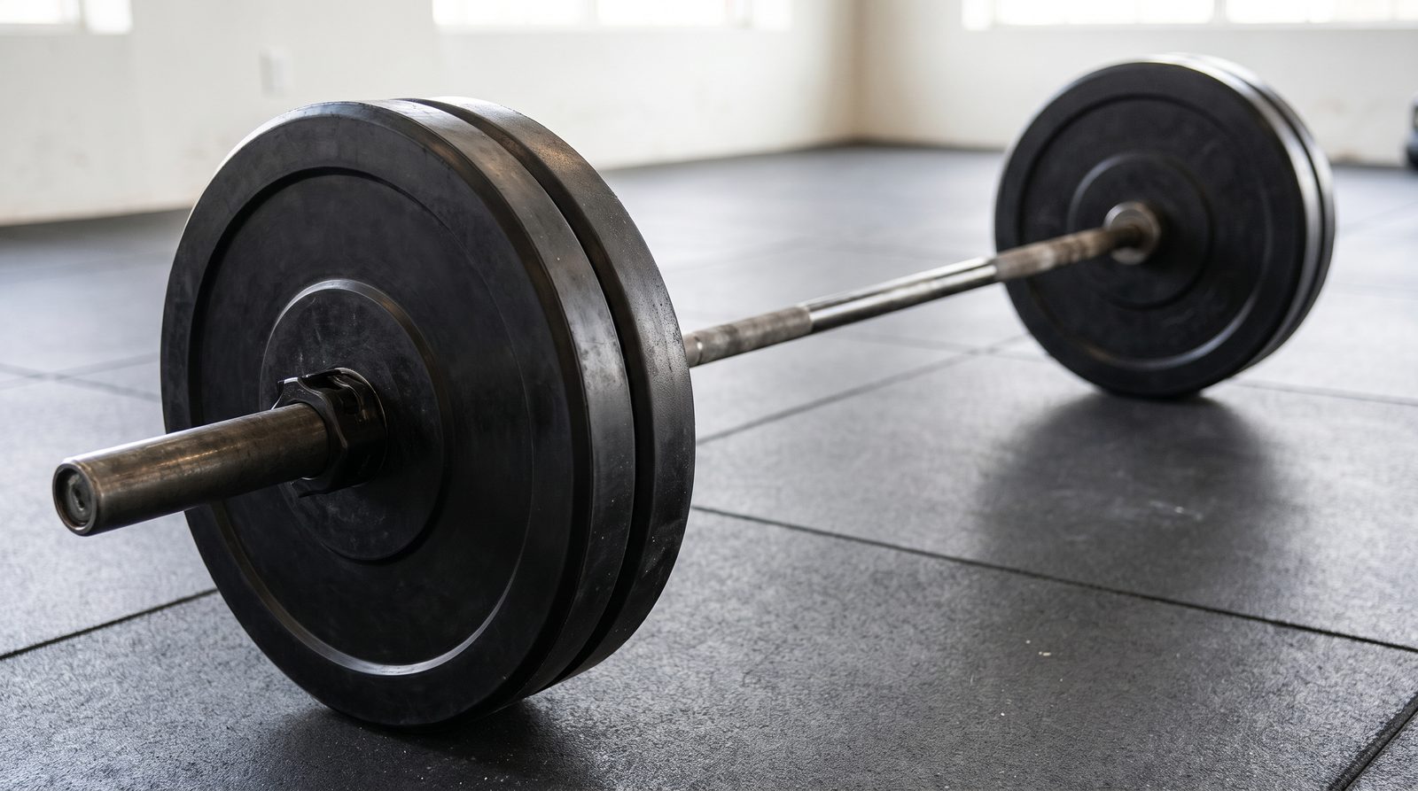 A barbell with matching unmarked plates resting on a rubber platform.