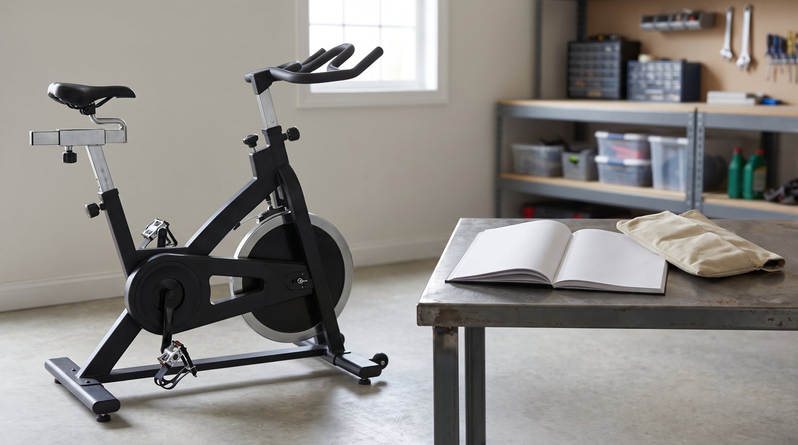 A stationary bike beside a blank comparison notebook and tool pouch.