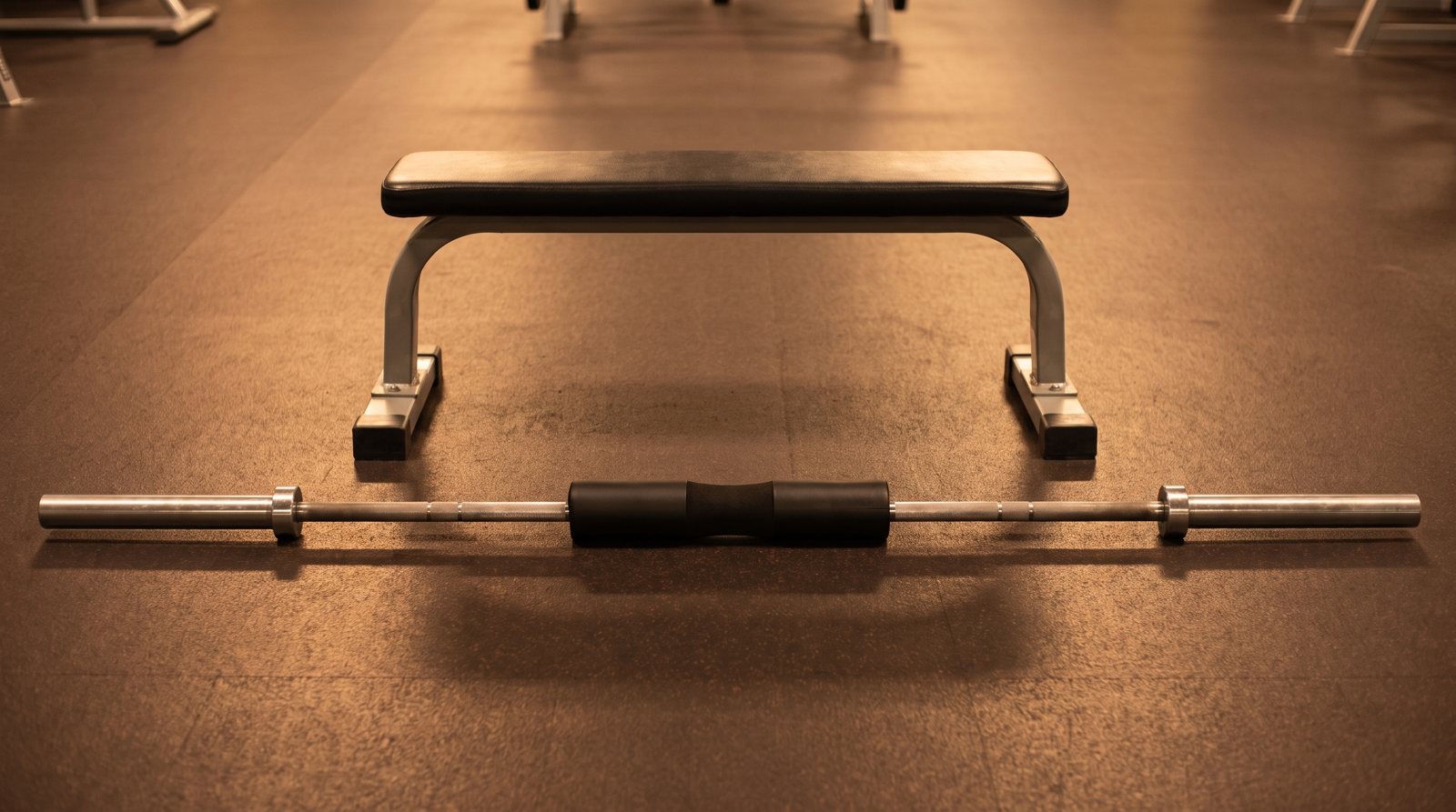 A bench and padded unloaded barbell arranged for a hip-thrust setup.