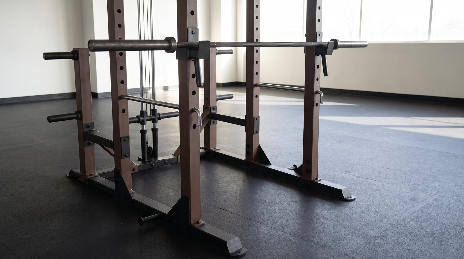 An unloaded barbell on rack hooks in an empty overhead-press preparation area.