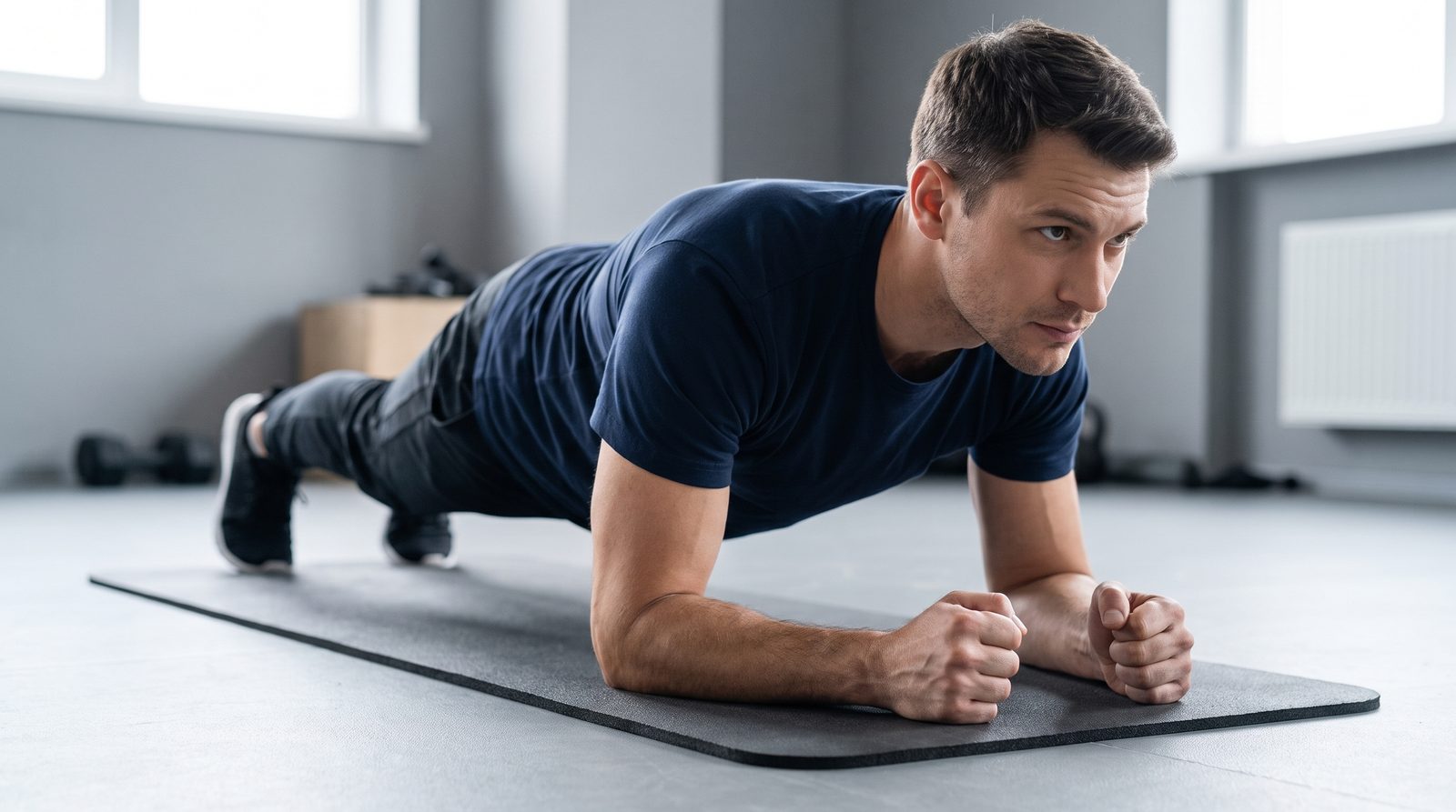 An adult holding a forearm plank on a dark exercise mat.