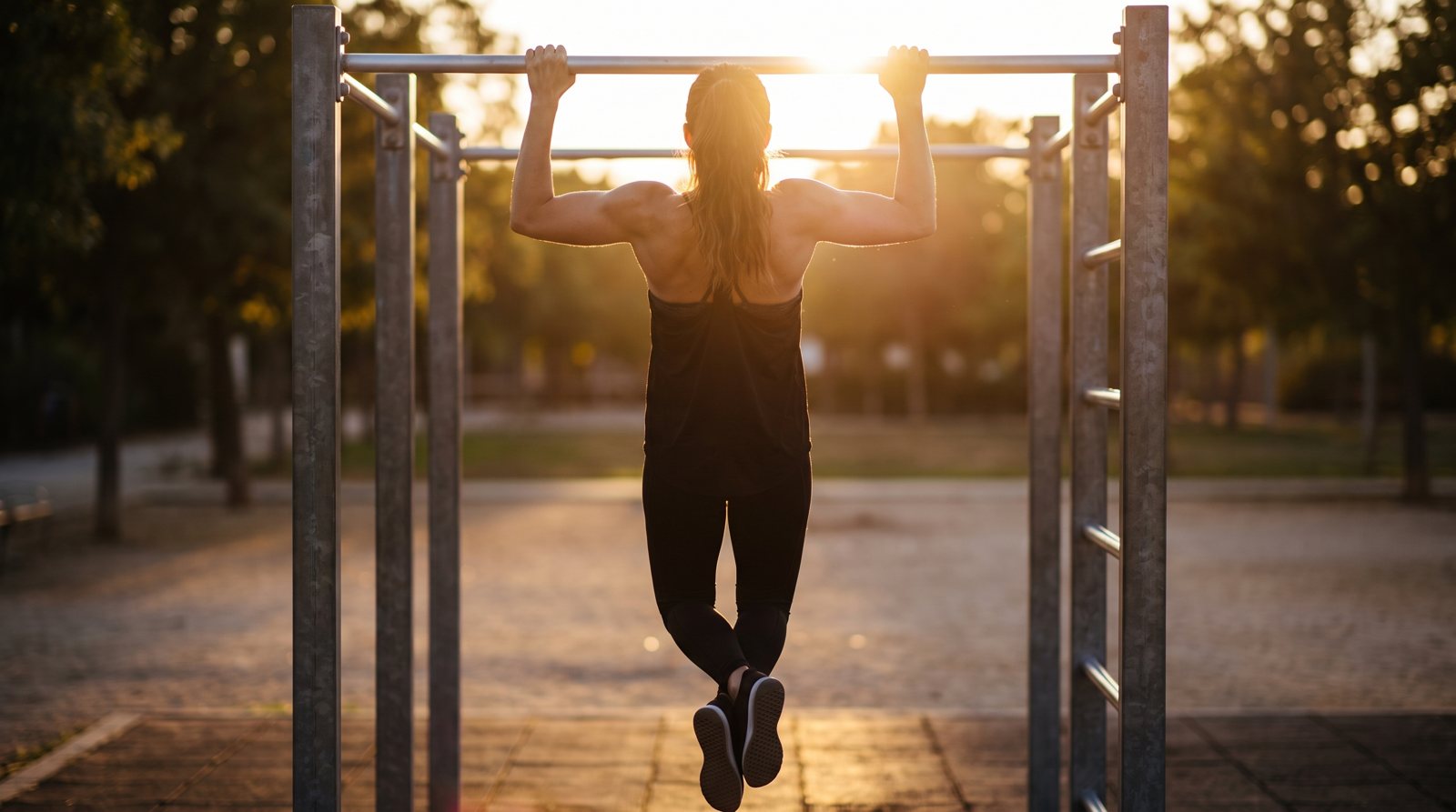 A rear view of a pull-up with bent elbows.