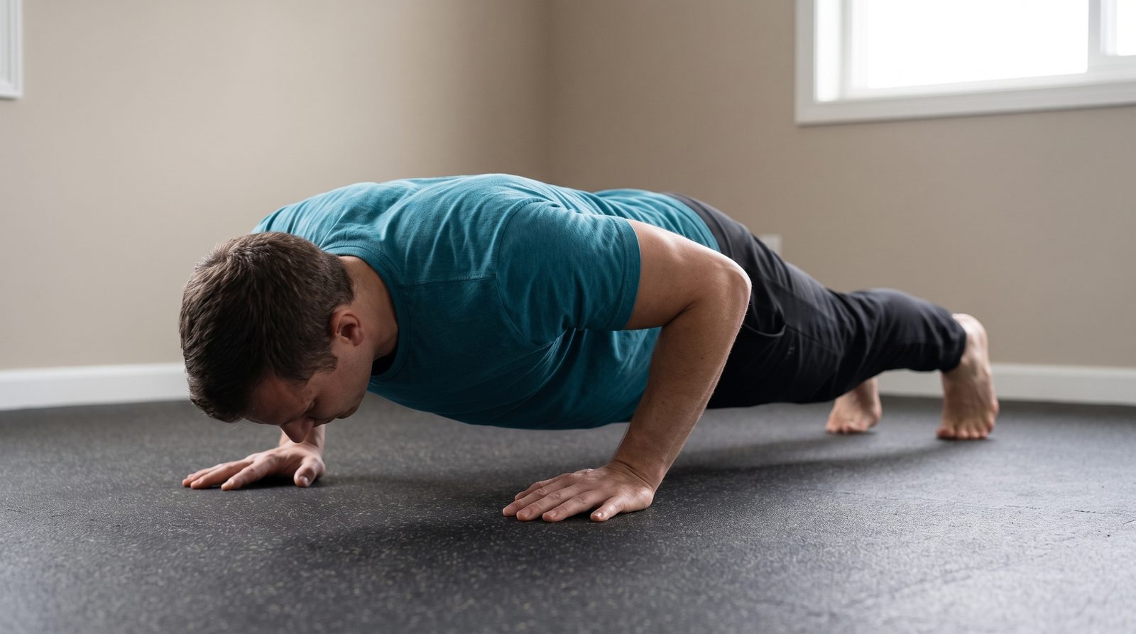 An adult in a lowered push-up position with both palms on the floor.