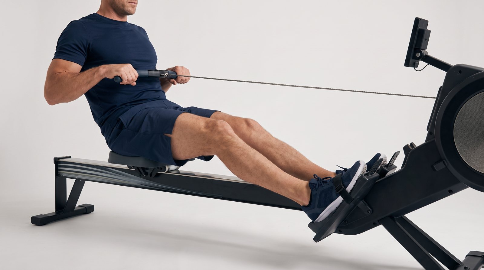 A seated rowing position with the handle near the torso and feet at the footrests.