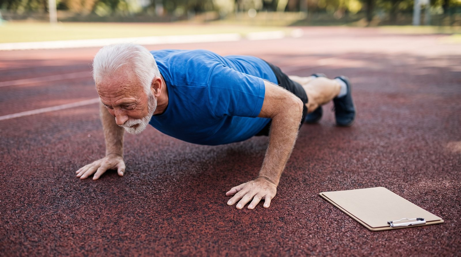 A lowered push-up position with a blank training record nearby.