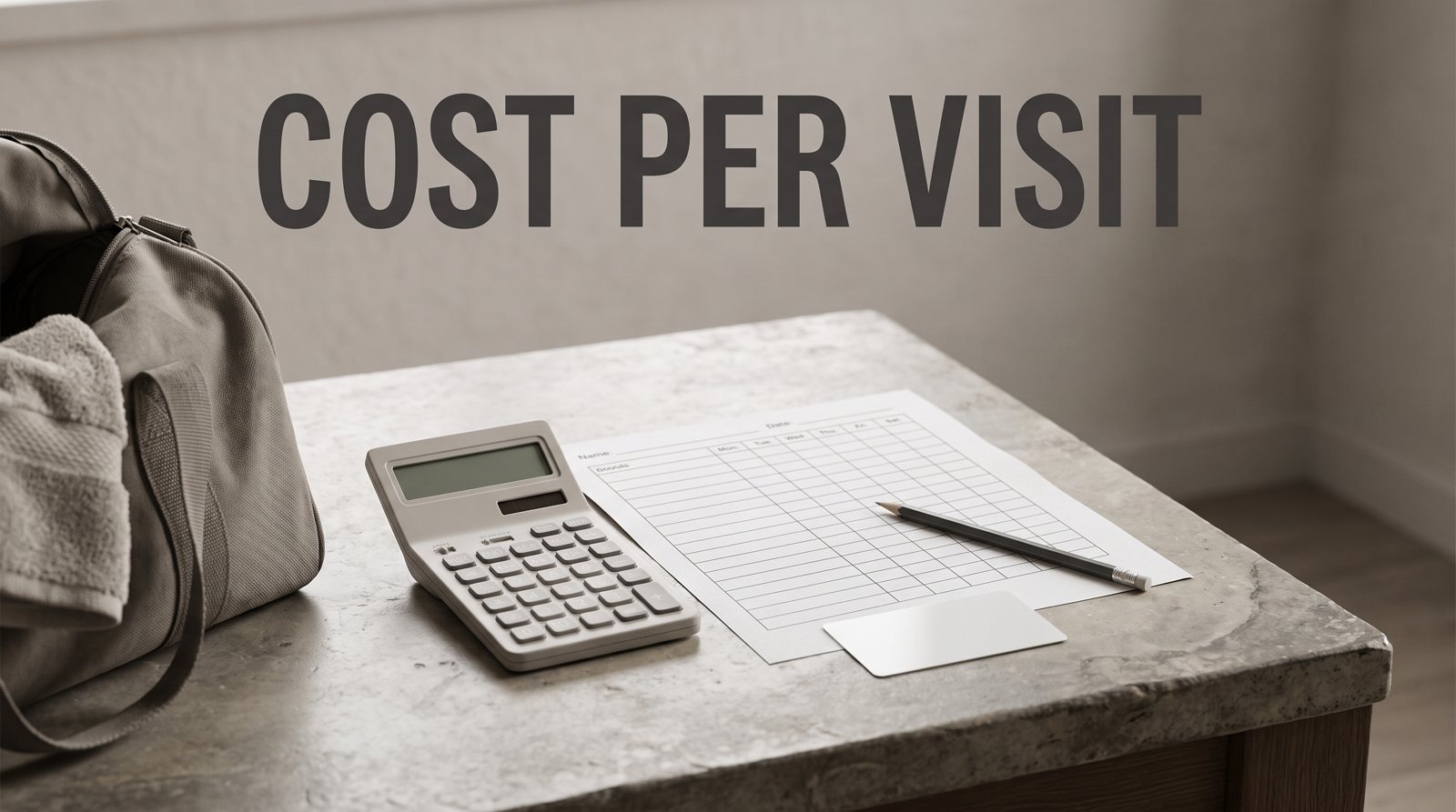 A calculator, blank attendance sheet and access card for checking gym cost per visit.
