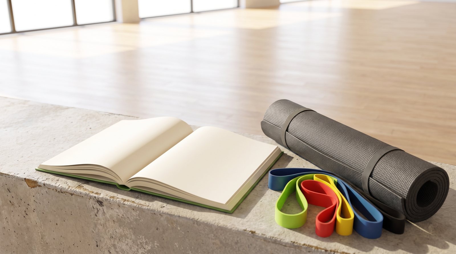 A blank training calendar beside a rolled mat and resistance loops.