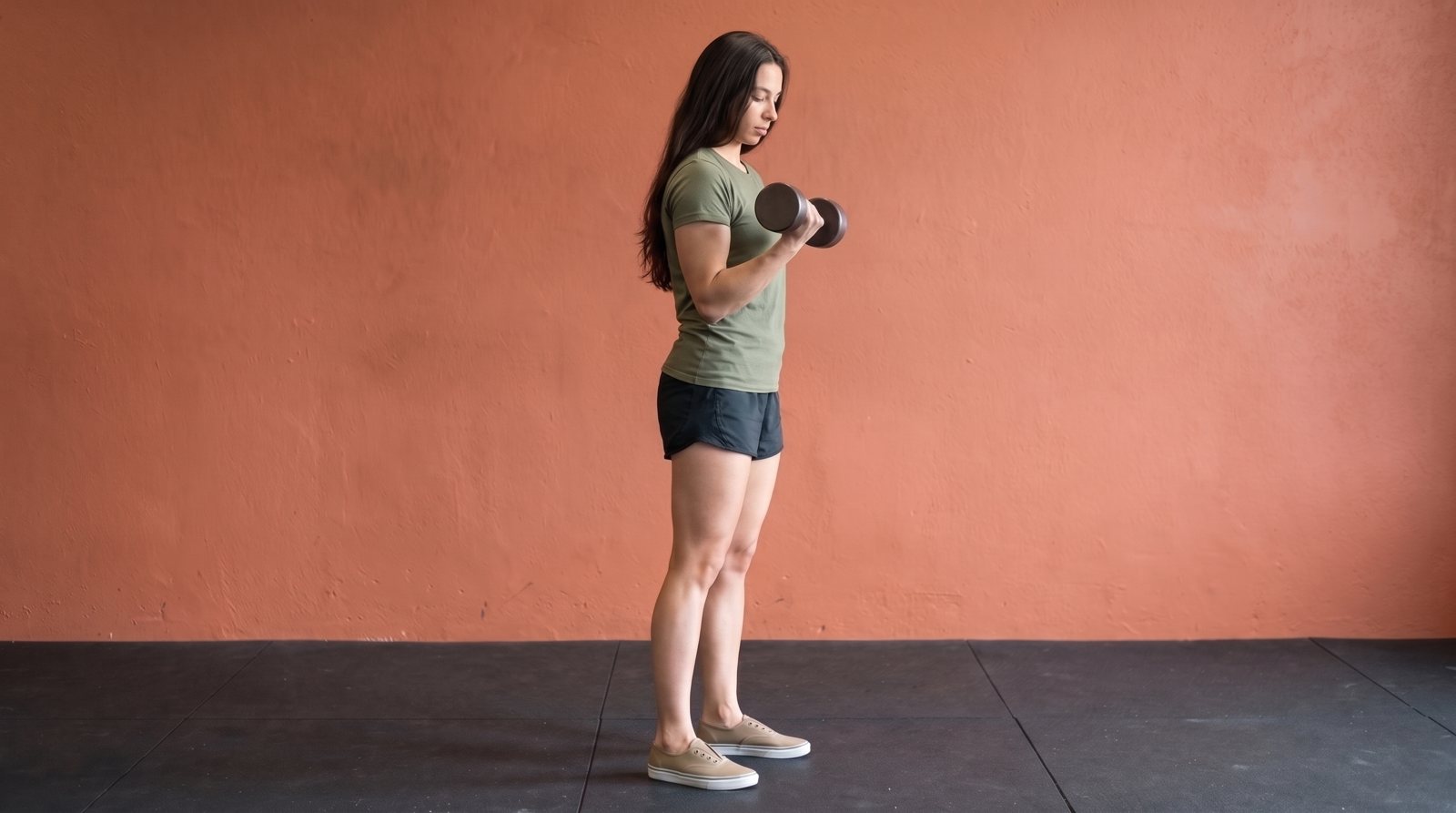 A standing dumbbell curl beside an uncluttered workout area.