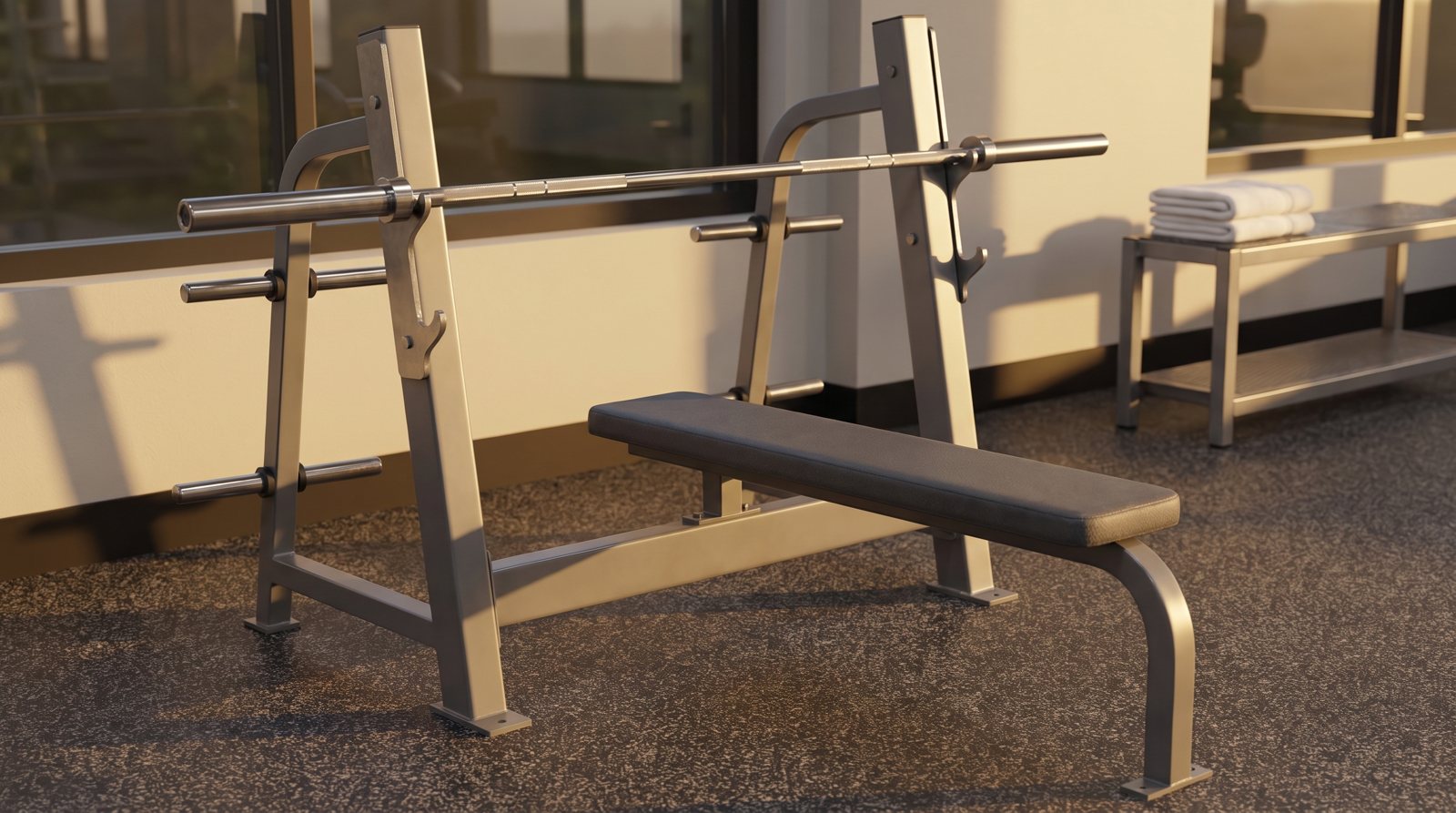 An empty bench station with an unloaded bar supported on hooks.