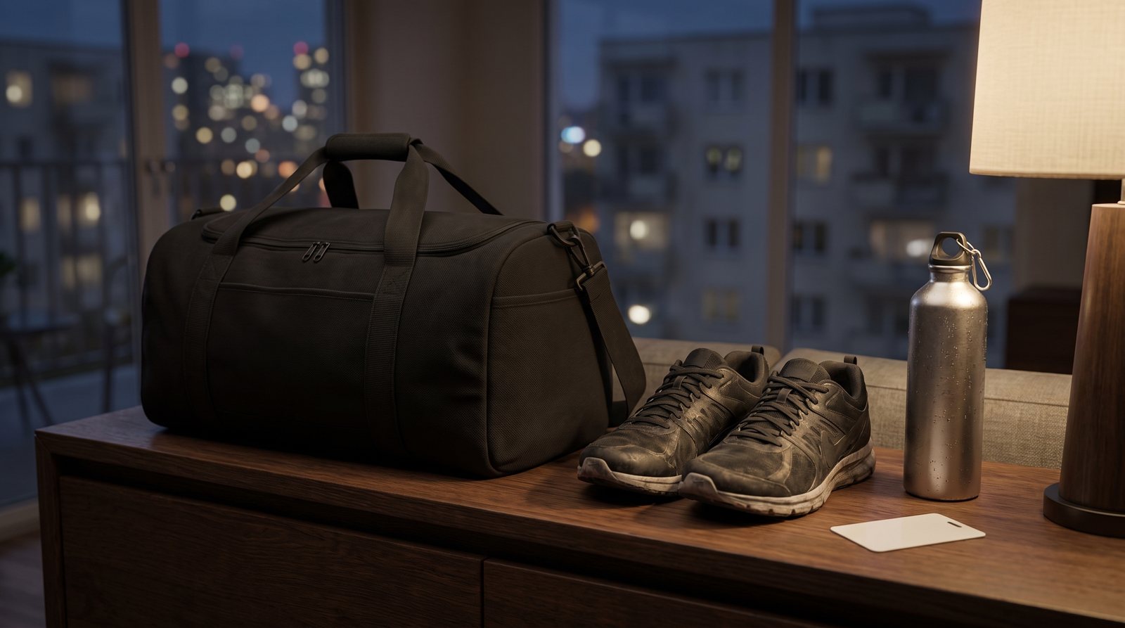A packed gym bag, shoes and access card prepared for an evening visit.
