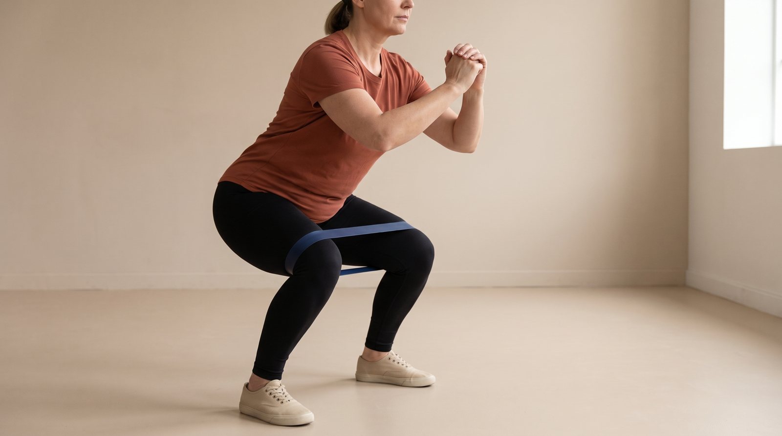 A banded squat shown with both feet and the loop above the knees visible.