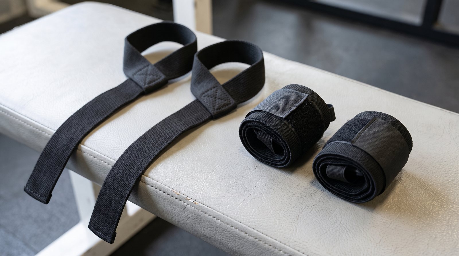 Long-tailed lifting straps beside shorter wrist wraps.