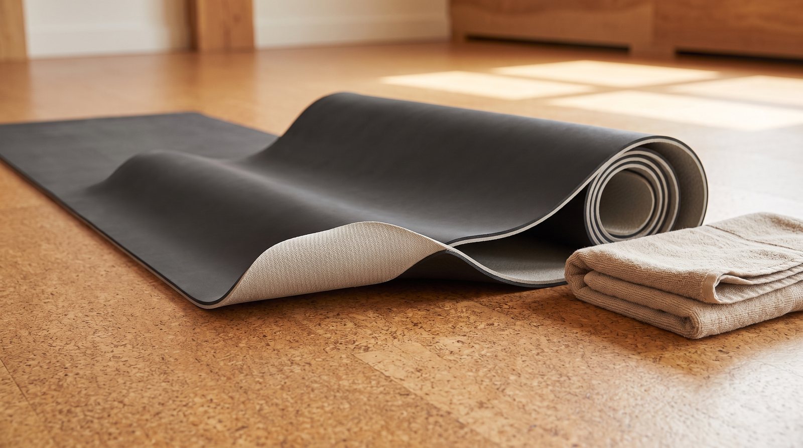 The smooth top and textured underside of an unbranded yoga mat.