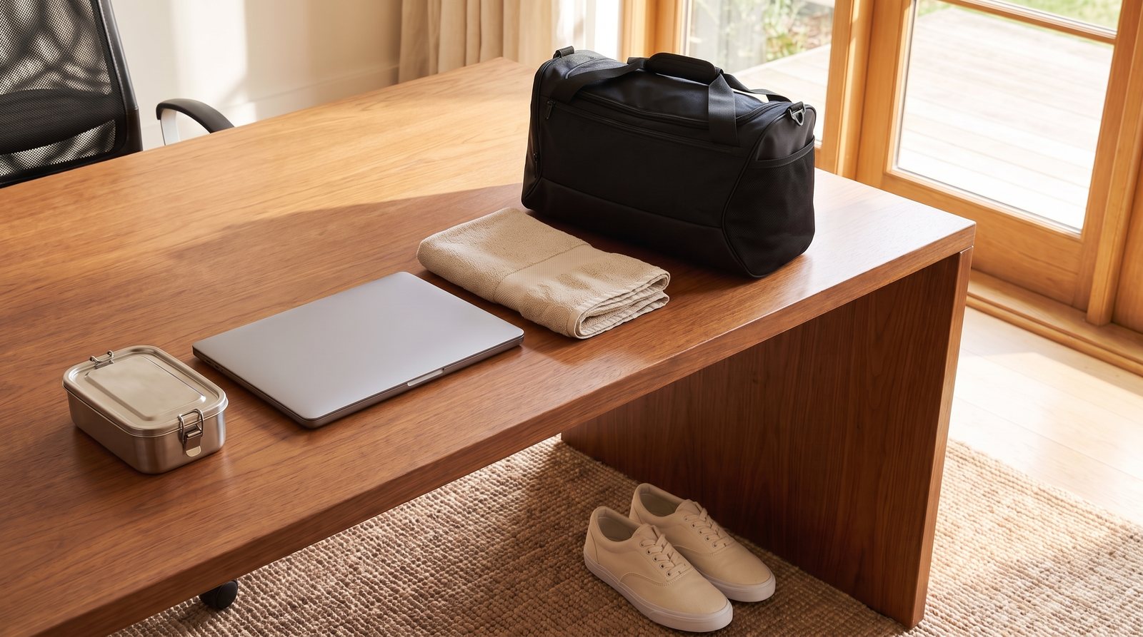 A work desk with a closed laptop, lunch container and exercise bag.