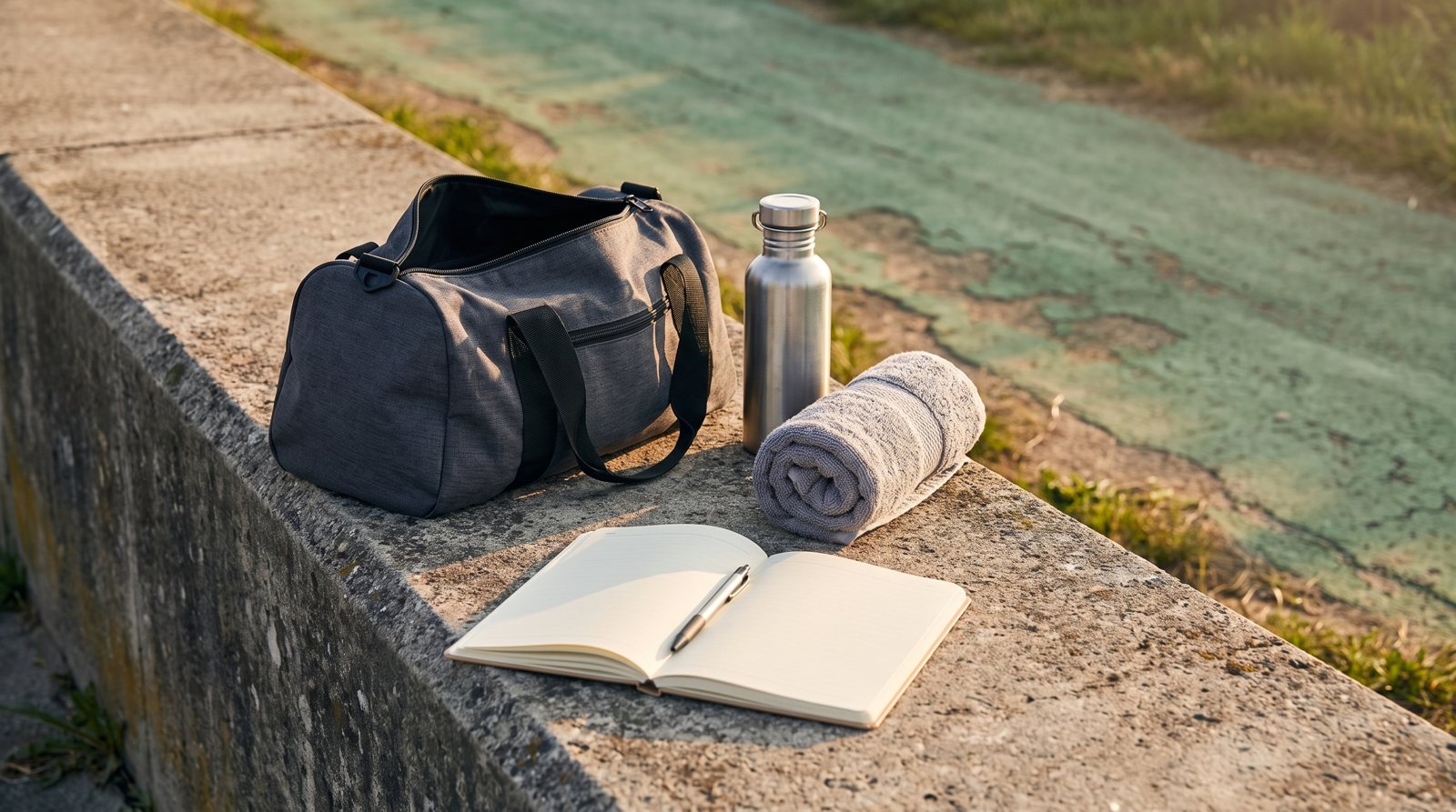 Running essentials and a blank diary beside a green path.