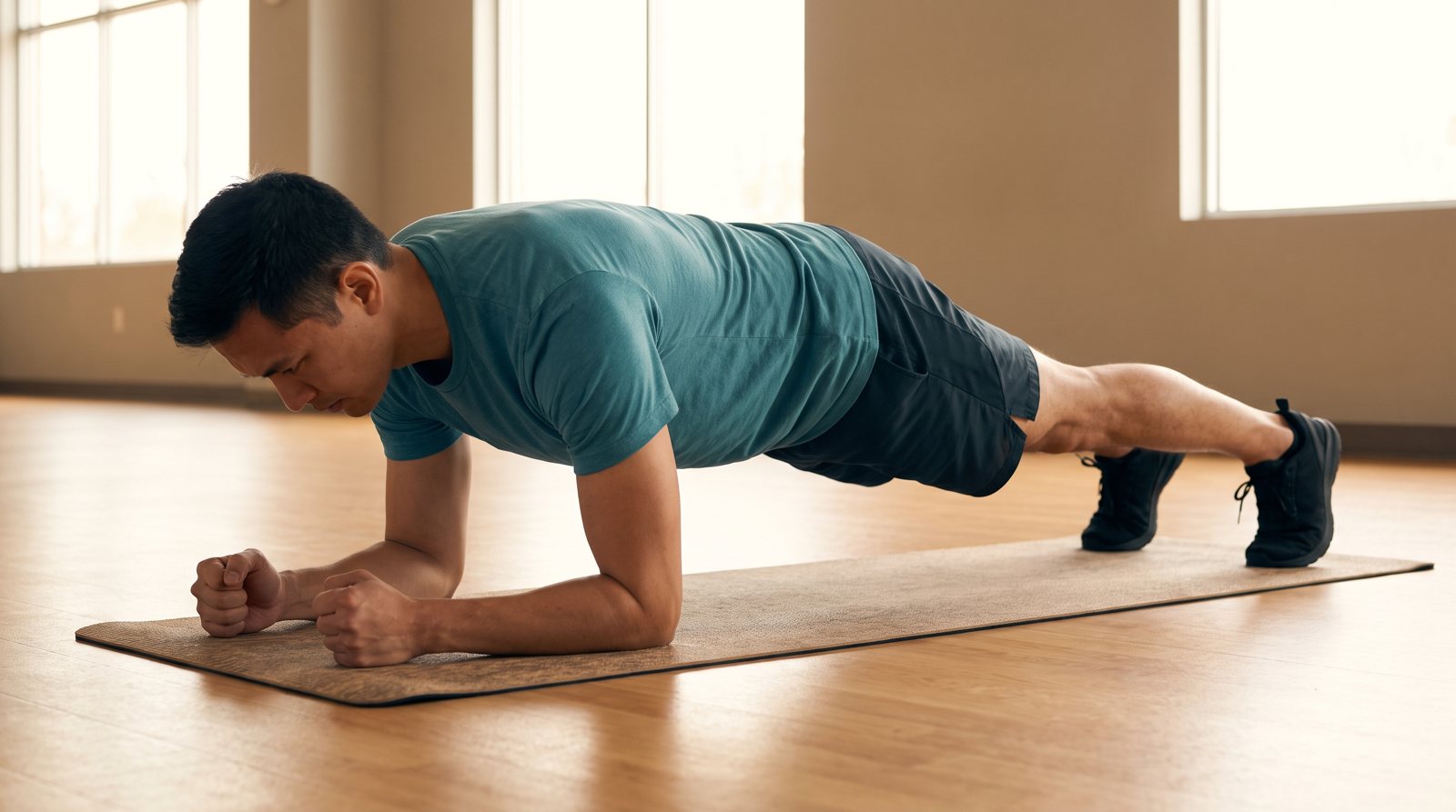 An adult holding a forearm plank on a textured mat.
