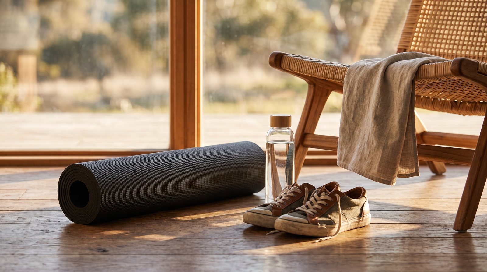 An exercise mat, trainers and towel arranged indoors in morning light.
