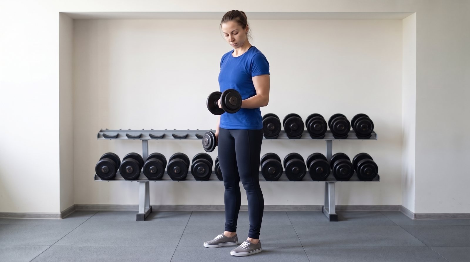 A standing dumbbell curl in a simple training space.