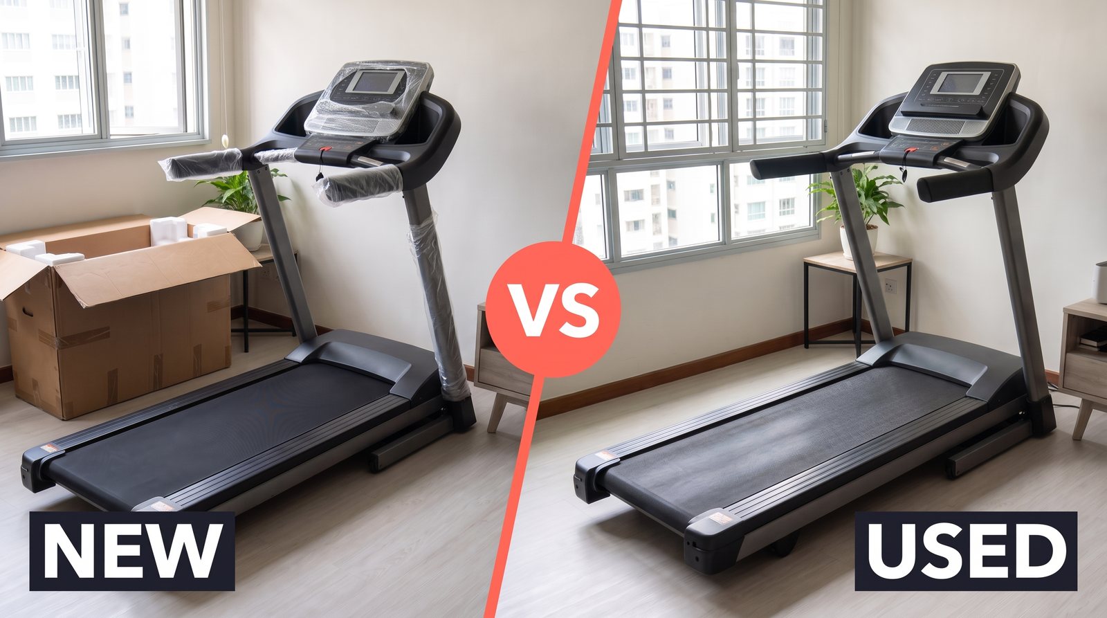 Two generic home treadmills presented as a new-versus-used buying comparison.