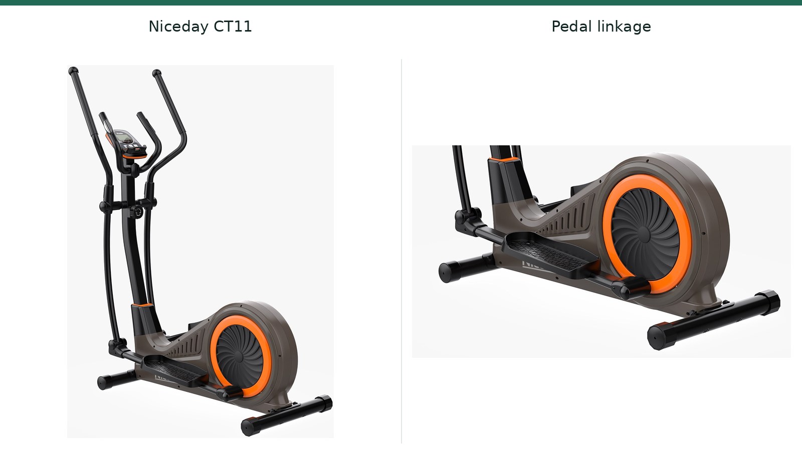 The Niceday CT11 elliptical shown on the European brand page, with a detail of its pedal linkage.