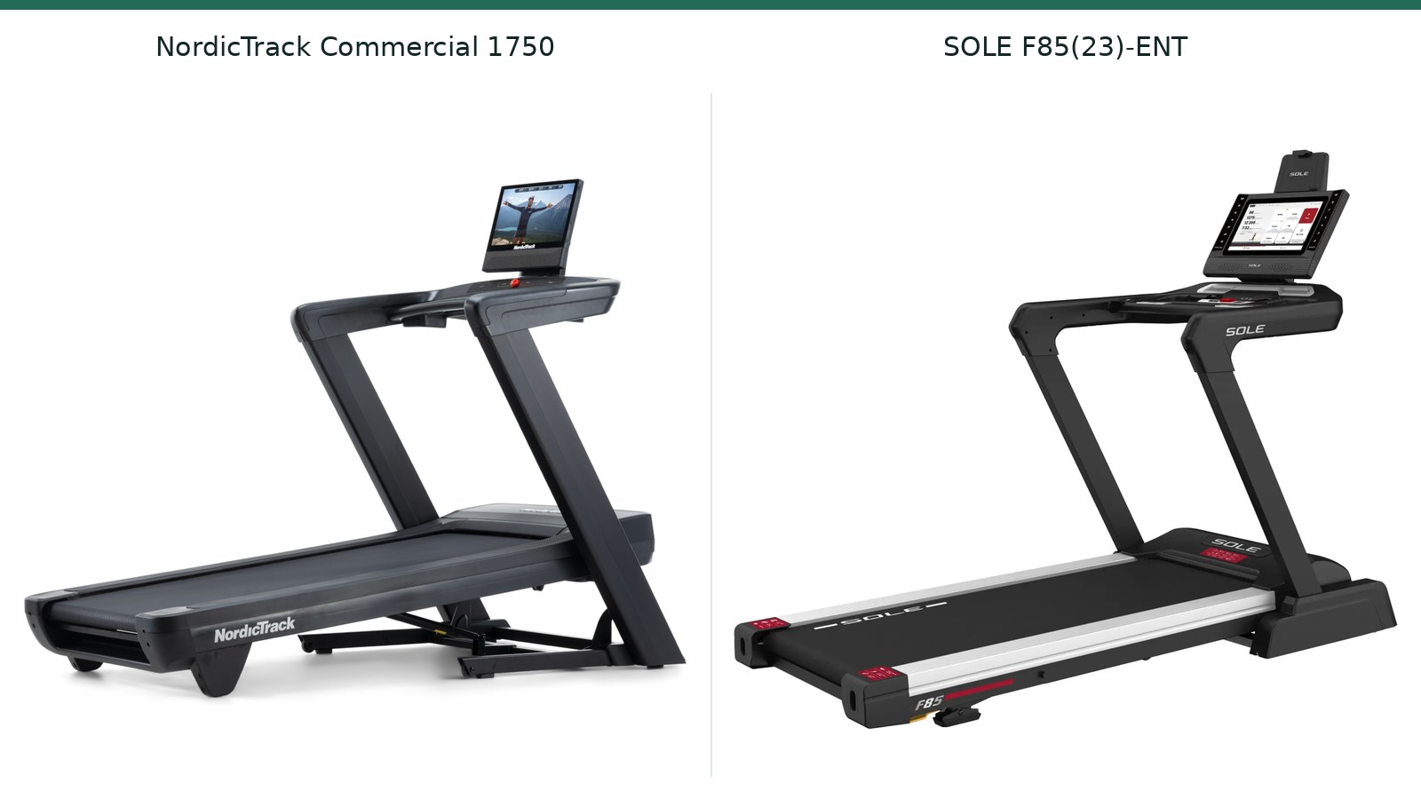 Source photographs of the NordicTrack Commercial 1750 and SOLE F85(23)-ENT treadmills.