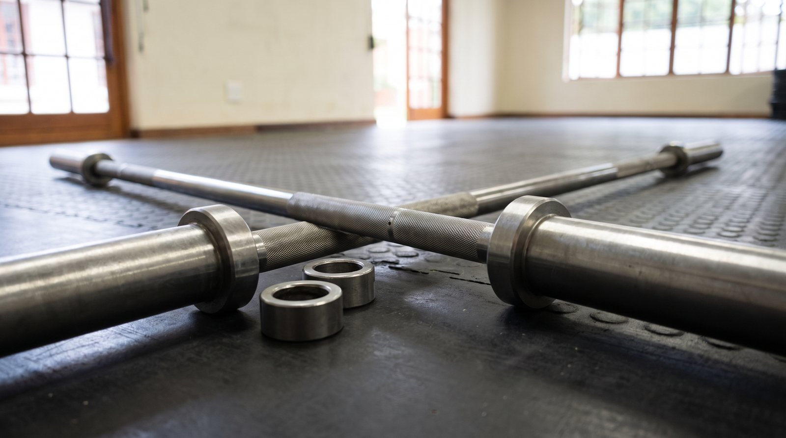 Two unloaded barbells and separate collars on a rubber floor.
