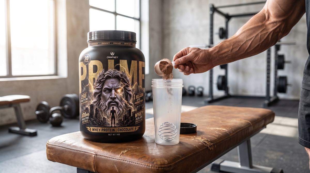 Man scooping OnWhey PRIME into a shaker on a gym bench