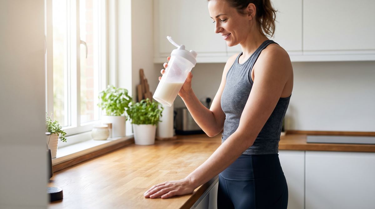 Woman shaking a protein shake in a bright kitchen